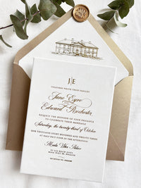 Ivory Velvet Wedding Invitations - Gold Foil Hot Stamping Text - Custom Venue Sketch Liner