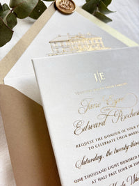 Ivory Velvet Wedding Invitations - Gold Foil Hot Stamping Text - Custom Venue Sketch Liner
