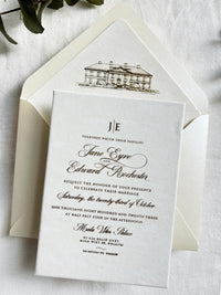 Ivory Velvet Wedding Invitations - Gold Foil Hot Stamping Text - Custom Venue Sketch Liner