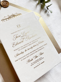 Ivory Velvet Wedding Invitations - Gold Foil Hot Stamping Text - Custom Venue Sketch Liner