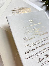 Ivory Velvet Wedding Invitations - Gold Foil Hot Stamping Text - Custom Venue Sketch Liner