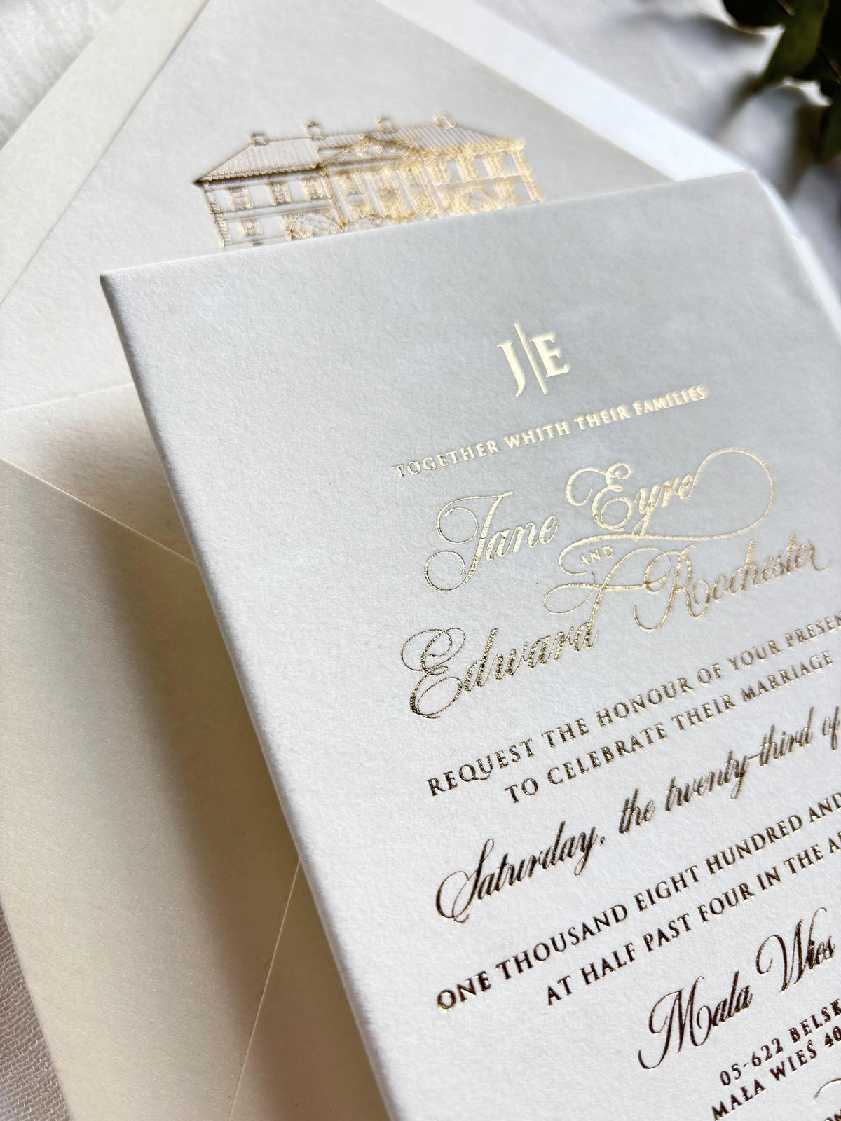Ivory Velvet Wedding Invitations - Gold Foil Hot Stamping Text - Custom Venue Sketch Liner