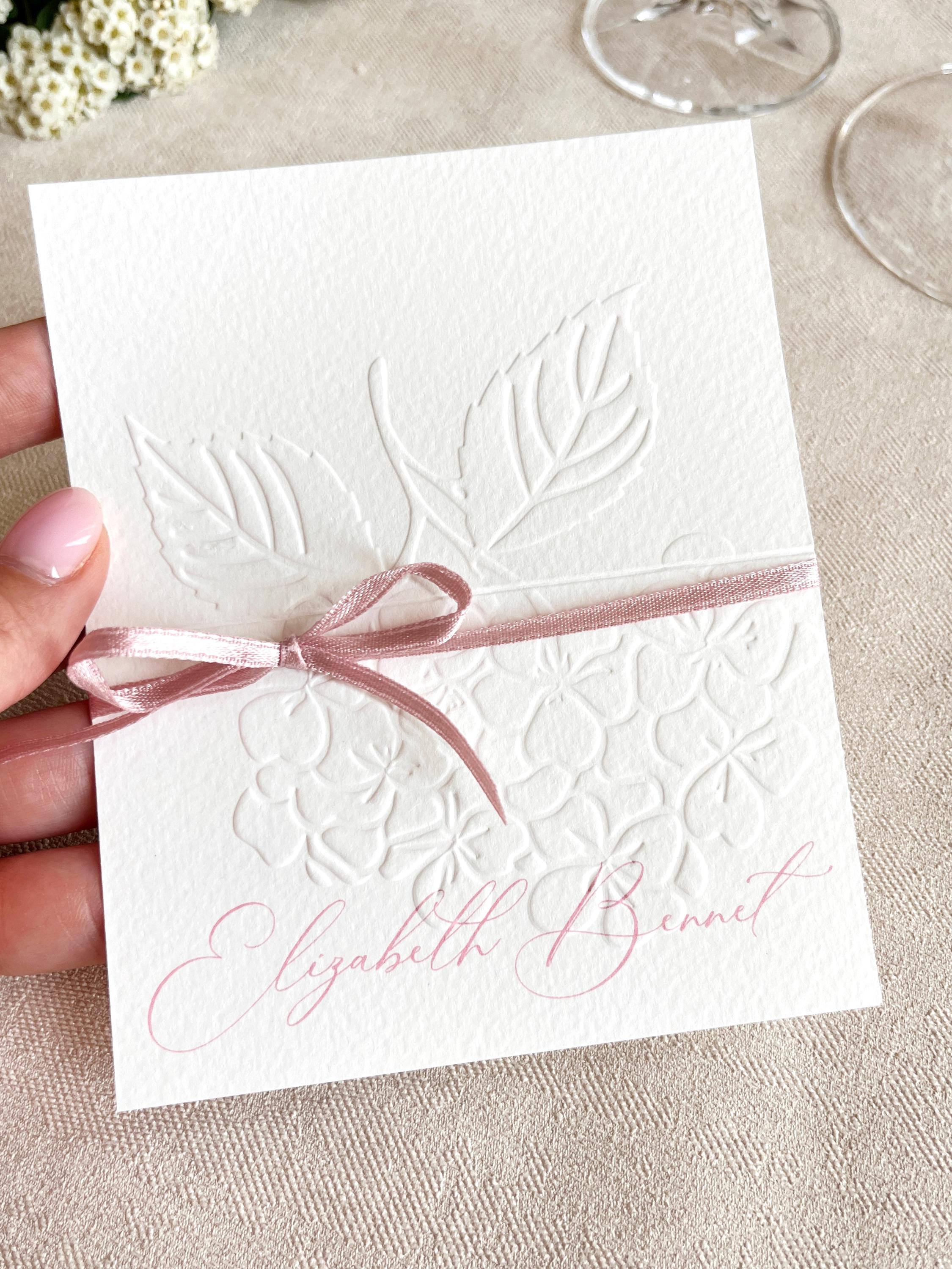 Embossed Hydrangea Wedding Place Cards - Personalised Name Card, Escort Card