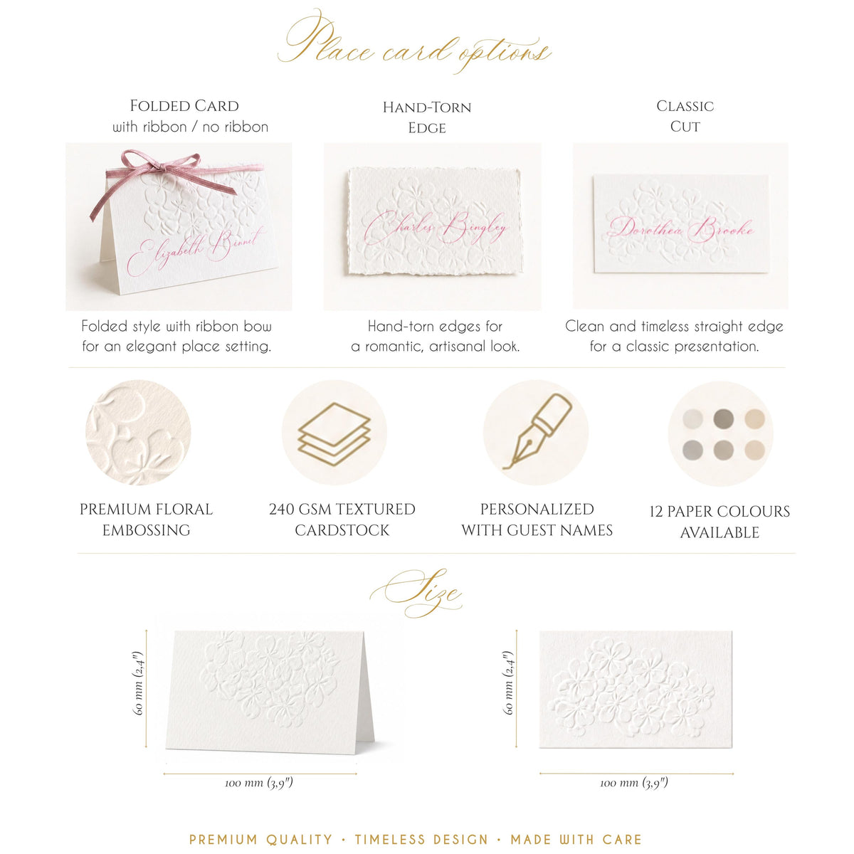 Embossed Hydrangea Wedding Place Cards - Personalised Name Card, Escort Card