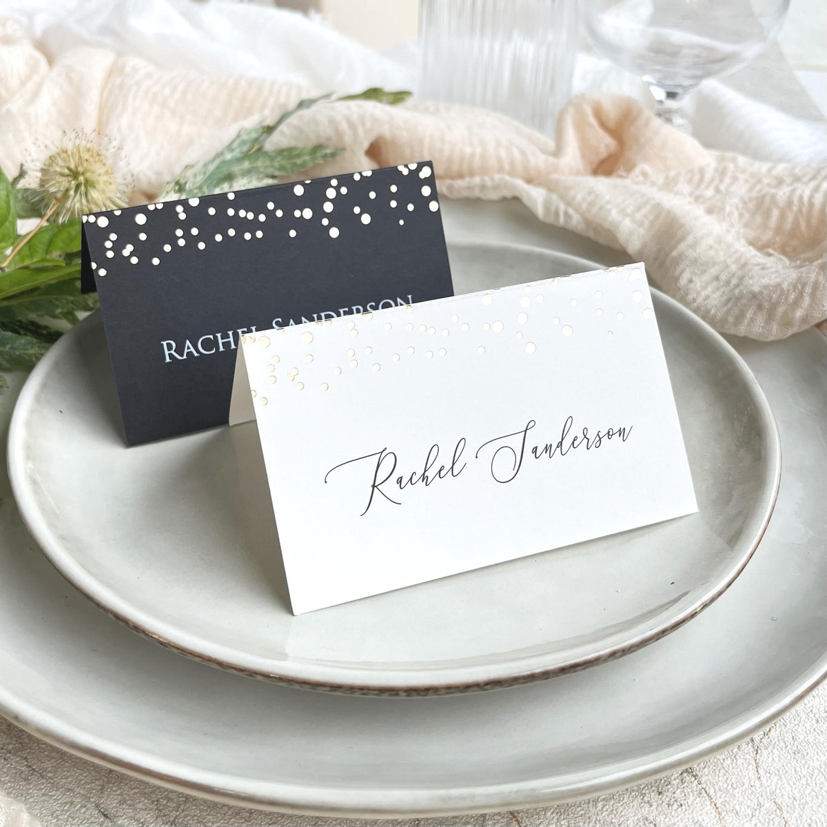 Dots Foil Confetti Name Cards - Wedding Place Cards