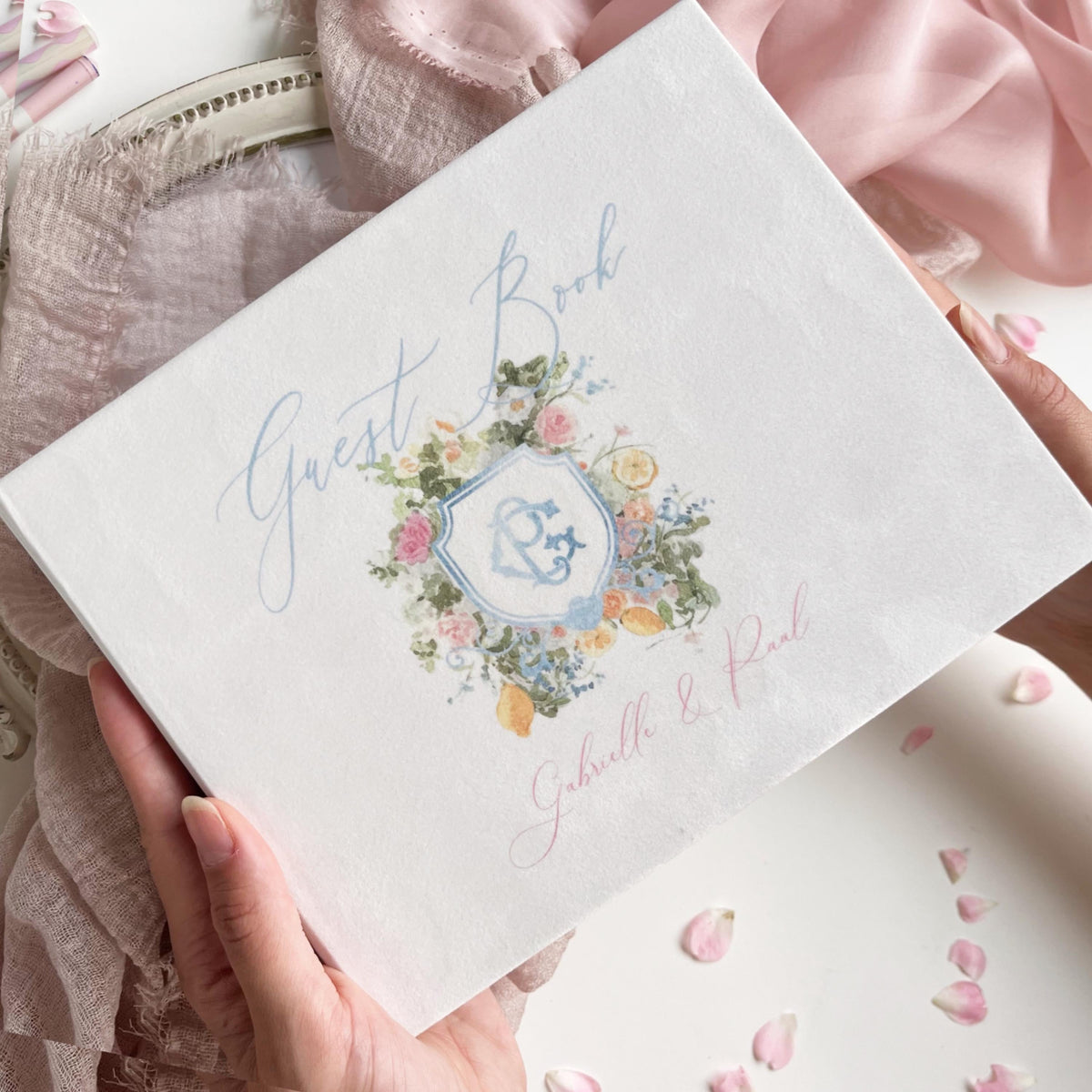 White Velvet Wedding Guest Book with Watercolour Monogram, Photo Book, Custom Printed Album