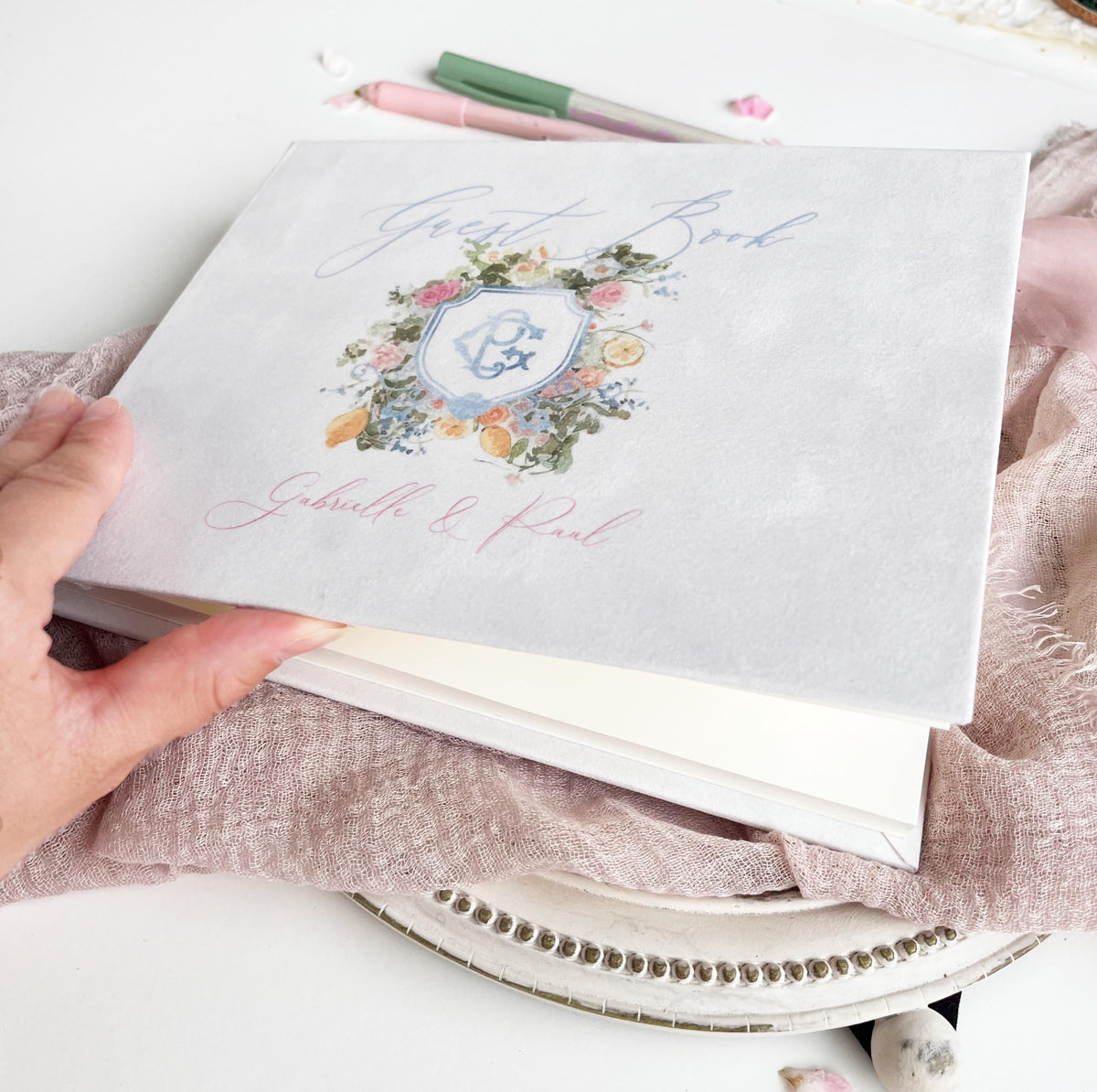 White Velvet Wedding Guest Book with Watercolour Monogram, Photo Book, Custom Printed Album