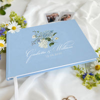 Hydrangea Wedding Guest Book | Blue Metallic Cover | Personalised Photo Memory Book