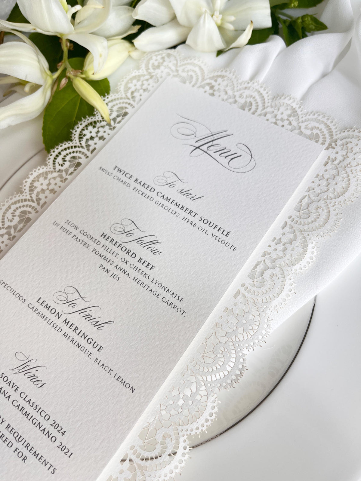Lace Wedding Menu with Chiffon Ribbon | Laser Cut Wedding Menu | Personalised Reception Menu