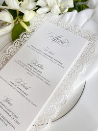 Lace Wedding Menu with Chiffon Ribbon | Laser Cut Wedding Menu | Personalised Reception Menu