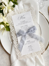 Lace Wedding Menu with Chiffon Ribbon | Laser Cut Wedding Menu | Personalised Reception Menu
