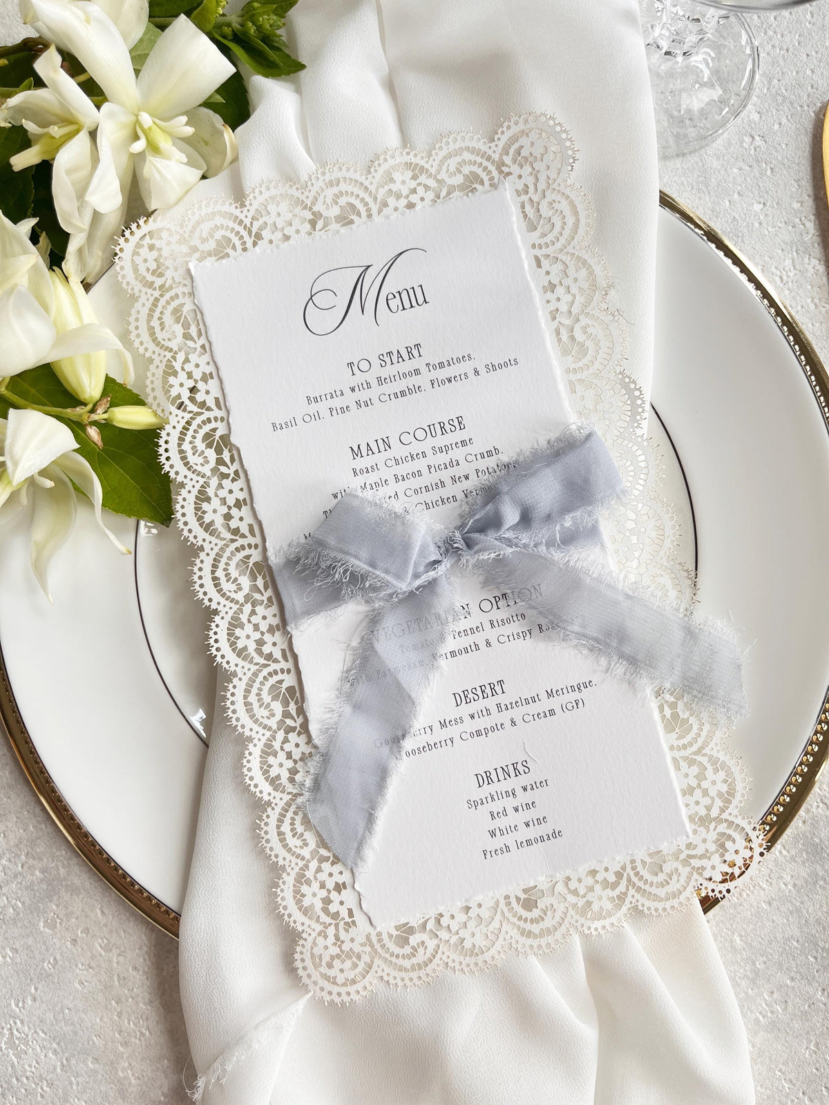 Lace Wedding Menu with Chiffon Ribbon | Laser Cut Wedding Menu | Personalised Reception Menu