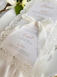 Lace Wedding Menu with Chiffon Ribbon | Laser Cut Wedding Menu | Personalised Reception Menu