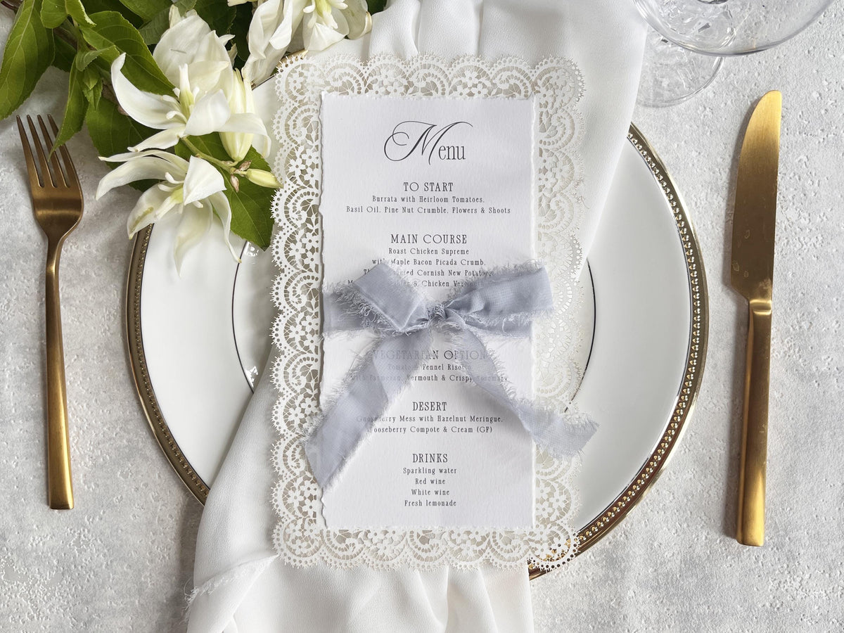 Lace Wedding Menu with Chiffon Ribbon | Laser Cut Wedding Menu | Personalised Reception Menu