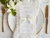 Lace Wedding Menu with Chiffon Ribbon | Laser Cut Wedding Menu | Personalised Reception Menu