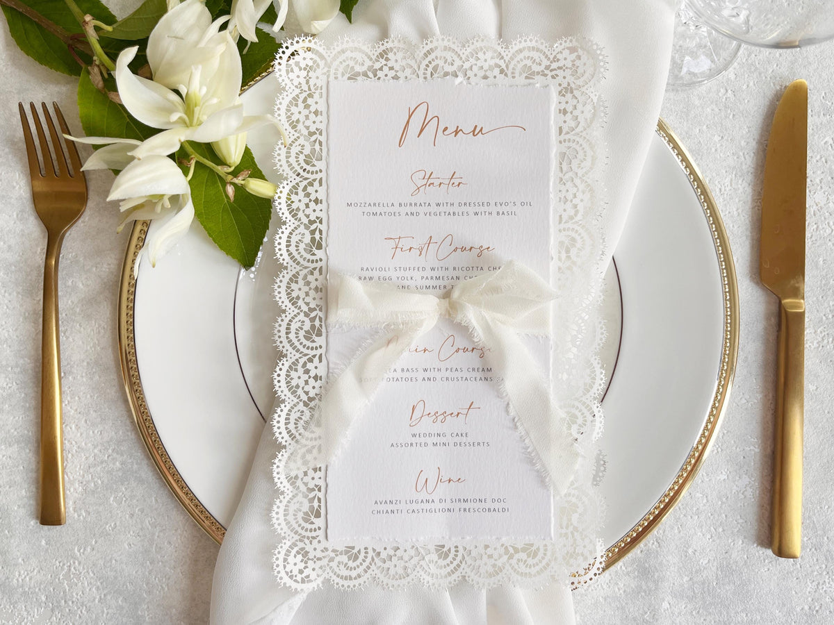 Lace Wedding Menu with Chiffon Ribbon | Laser Cut Wedding Menu | Personalised Reception Menu