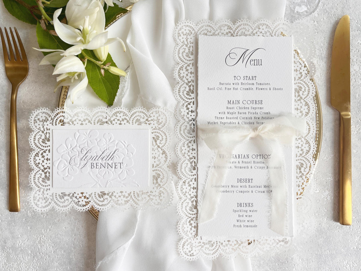 Lace Wedding Menu with Chiffon Ribbon | Laser Cut Wedding Menu | Personalised Reception Menu