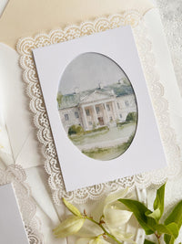 Personalised Lace Wedding Invitation with Gold Monogram & Venue Watercolour - Elegant Wedding Invitation Suite