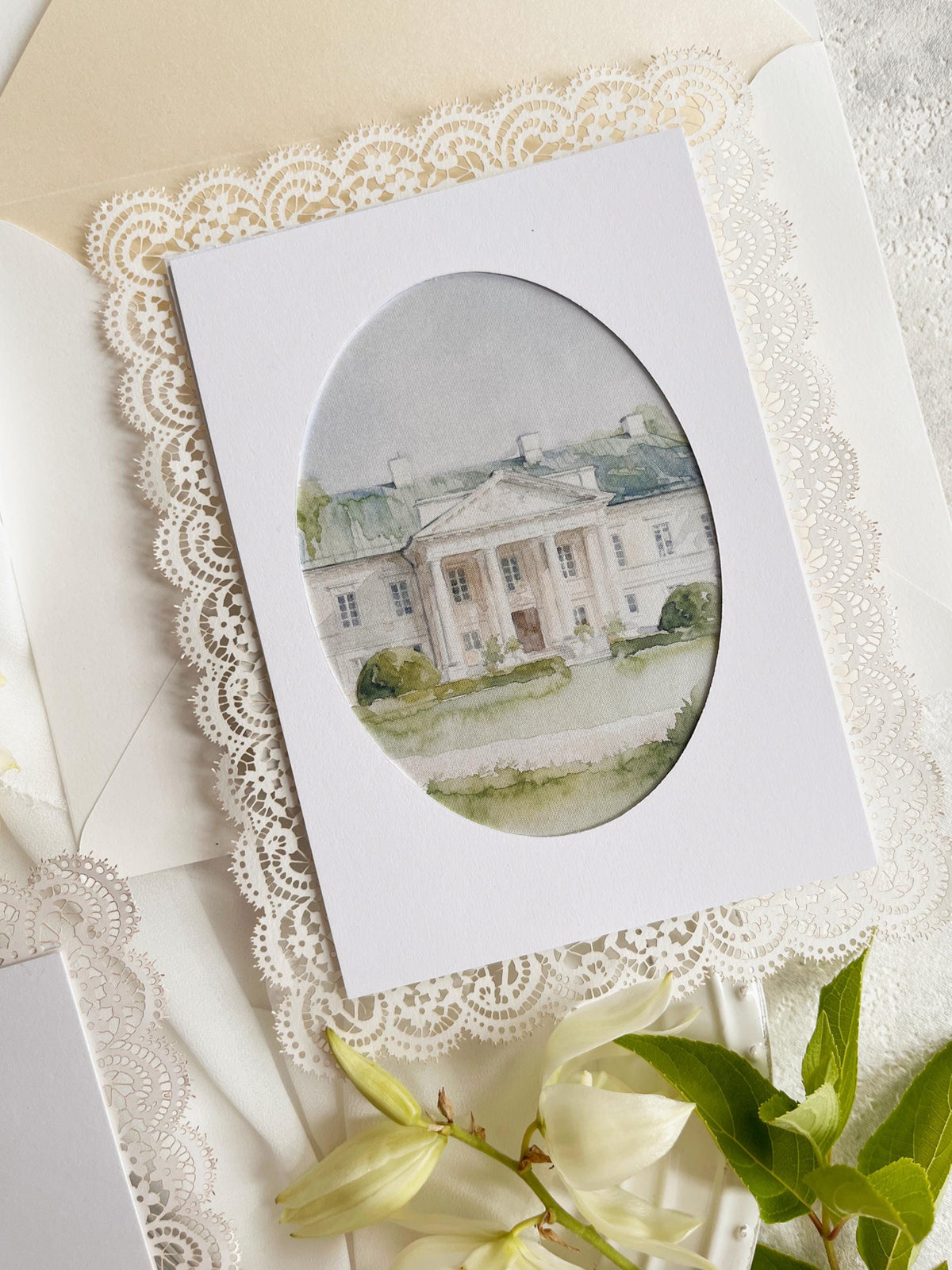 Personalised Lace Wedding Invitation with Gold Monogram & Venue Watercolour - Elegant Wedding Invitation Suite