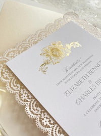 Personalised Lace Wedding Invitation with Gold Monogram & Venue Watercolour - Elegant Wedding Invitation Suite