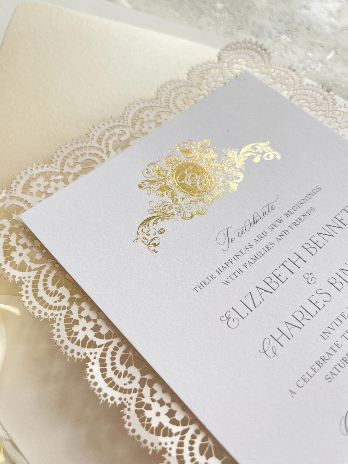 Personalised Lace Wedding Invitation with Gold Monogram & Venue Watercolour - Elegant Wedding Invitation Suite