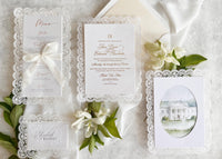 Personalised Lace Wedding Invitation with Gold Monogram & Venue Watercolour - Elegant Wedding Invitation Suite