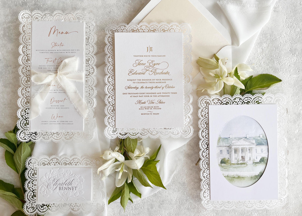 Personalised Lace Wedding Invitation with Gold Monogram & Venue Watercolour - Elegant Wedding Invitation Suite