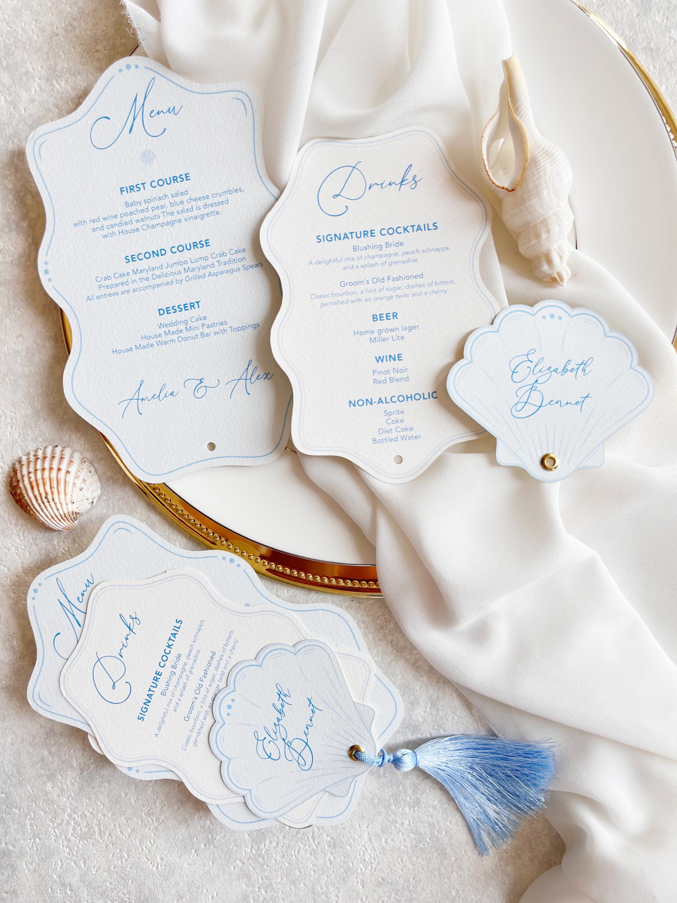 Personalised Seashell Wedding Menu with Place Card | Beach Wedding Menu | Coastal Wedding Stationery