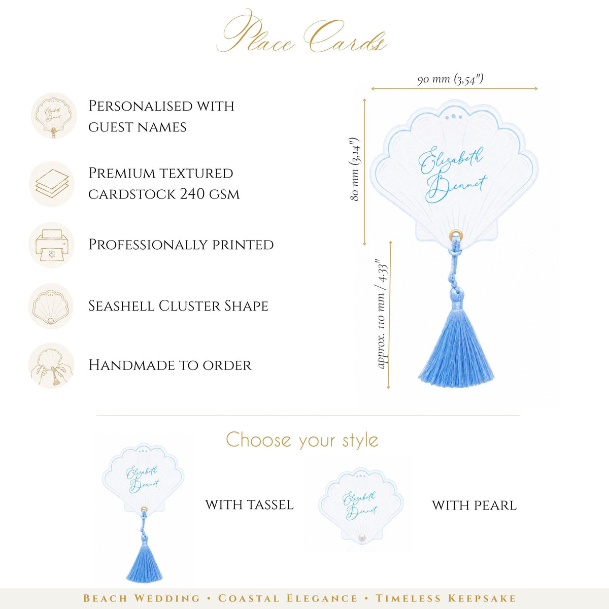 Personalised Seashell Place Cards | Beach Wedding Escort Cards | Coastal Wedding Decor