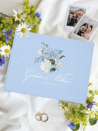 Hydrangea Wedding Guest Book | Blue Metallic Cover | Personalised Photo Memory Book
