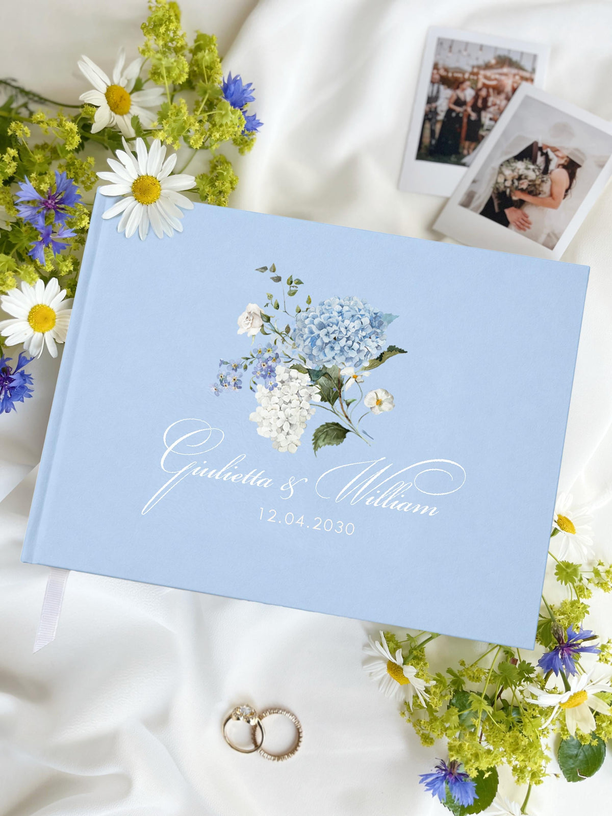 Hydrangea Wedding Guest Book | Blue Metallic Cover | Personalised Photo Memory Book