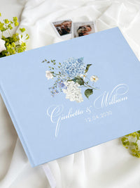 Hydrangea Wedding Guest Book | Blue Metallic Cover | Personalised Photo Memory Book