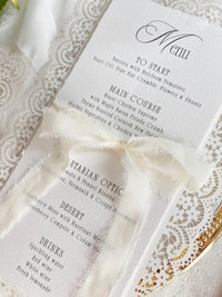 Lace Wedding Menu with Chiffon Ribbon | Laser Cut Wedding Menu | Personalised Reception Menu