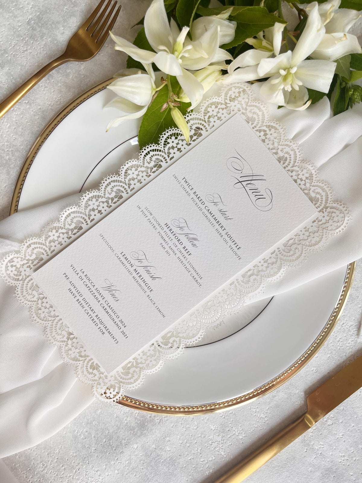 Lace Wedding Menu with Chiffon Ribbon | Laser Cut Wedding Menu | Personalised Reception Menu