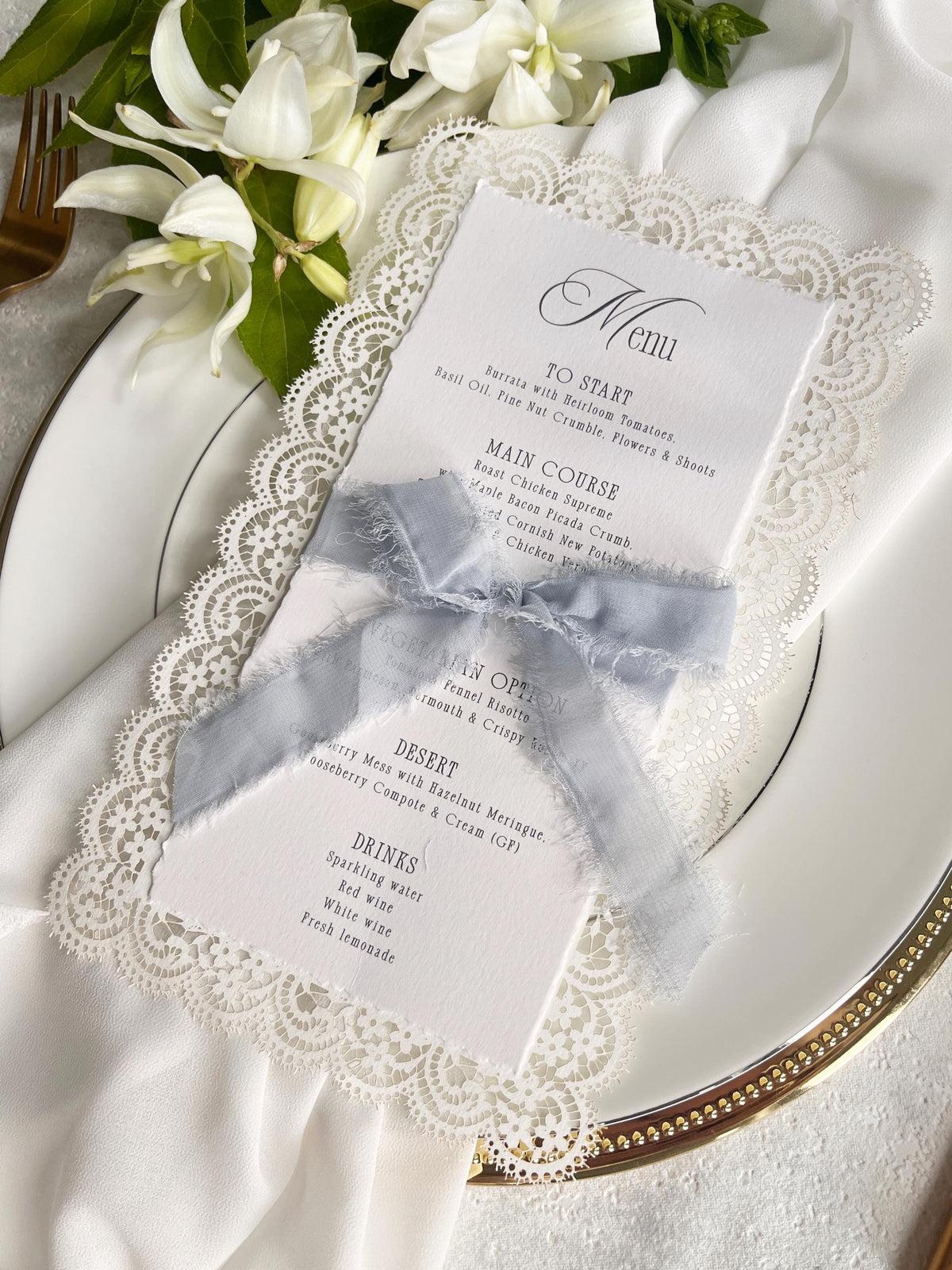 Lace Wedding Menu with Chiffon Ribbon | Laser Cut Wedding Menu | Personalised Reception Menu