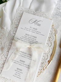 Lace Wedding Menu with Chiffon Ribbon | Laser Cut Wedding Menu | Personalised Reception Menu