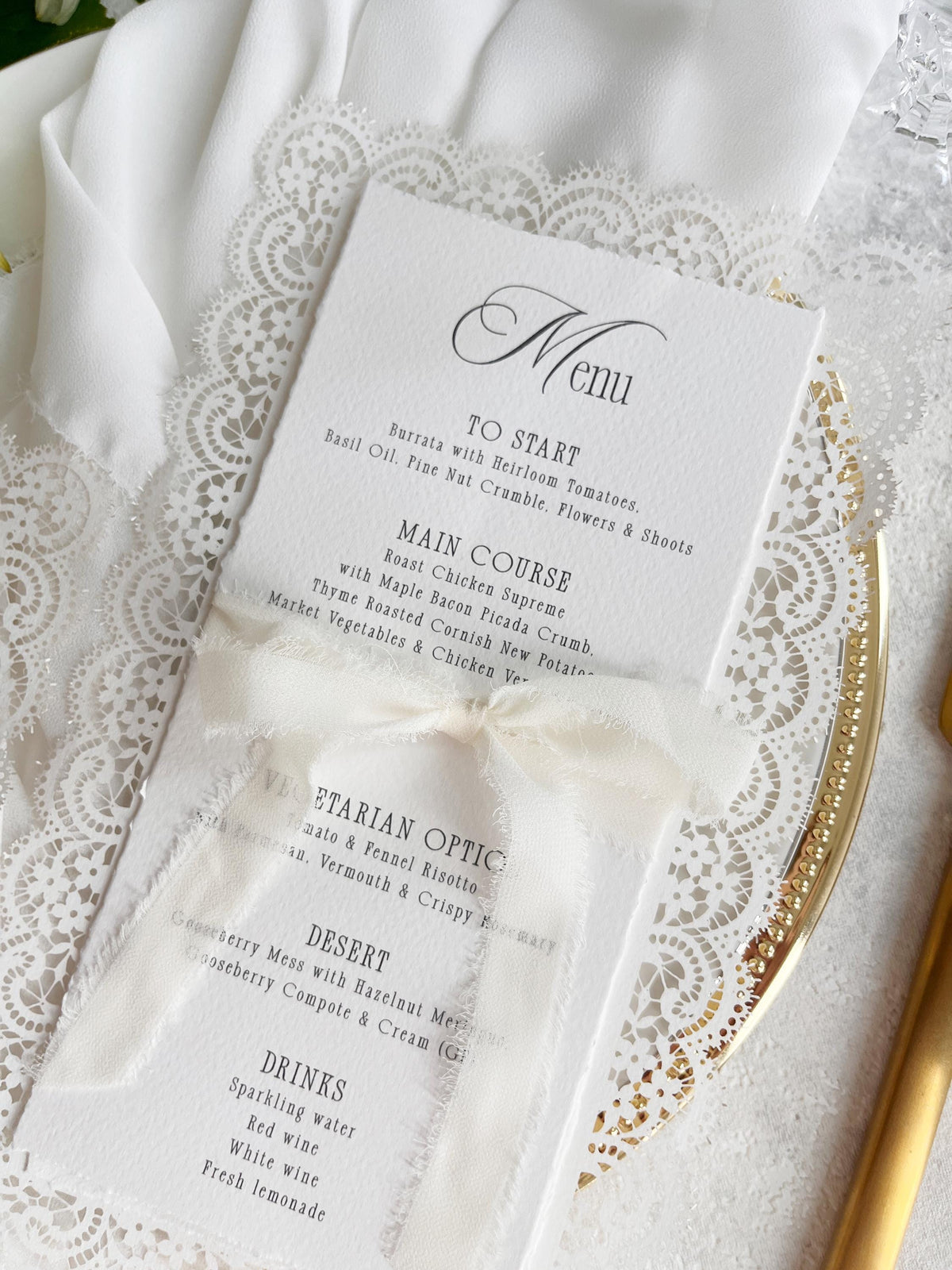 Lace Wedding Menu with Chiffon Ribbon | Laser Cut Wedding Menu | Personalised Reception Menu