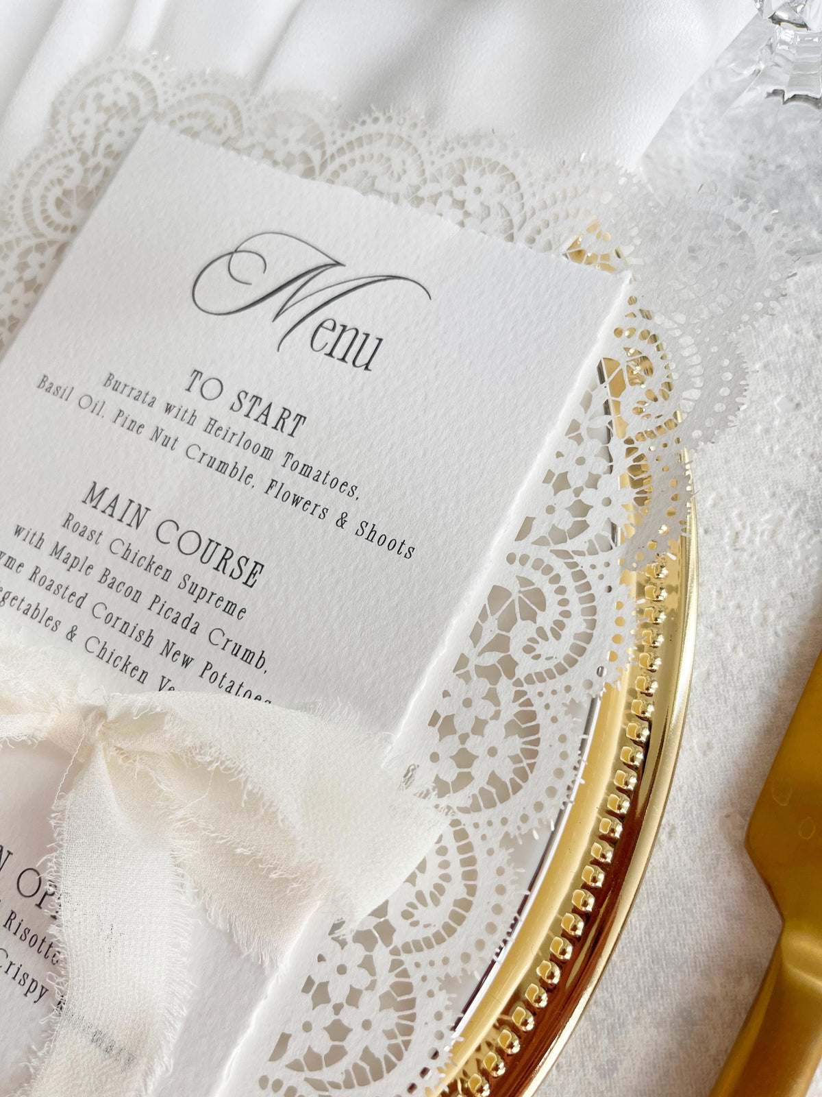 Lace Wedding Menu with Chiffon Ribbon | Laser Cut Wedding Menu | Personalised Reception Menu