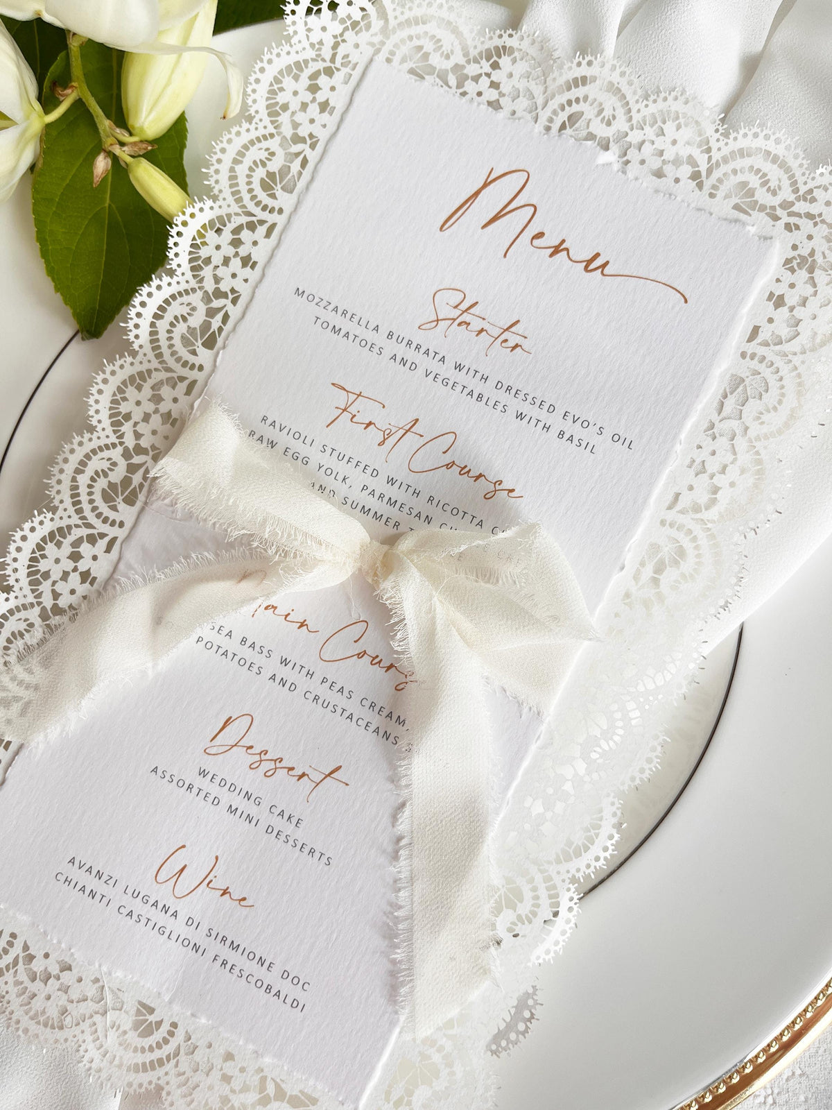 Lace Wedding Menu with Chiffon Ribbon | Laser Cut Wedding Menu | Personalised Reception Menu
