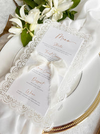 Lace Wedding Menu with Chiffon Ribbon | Laser Cut Wedding Menu | Personalised Reception Menu