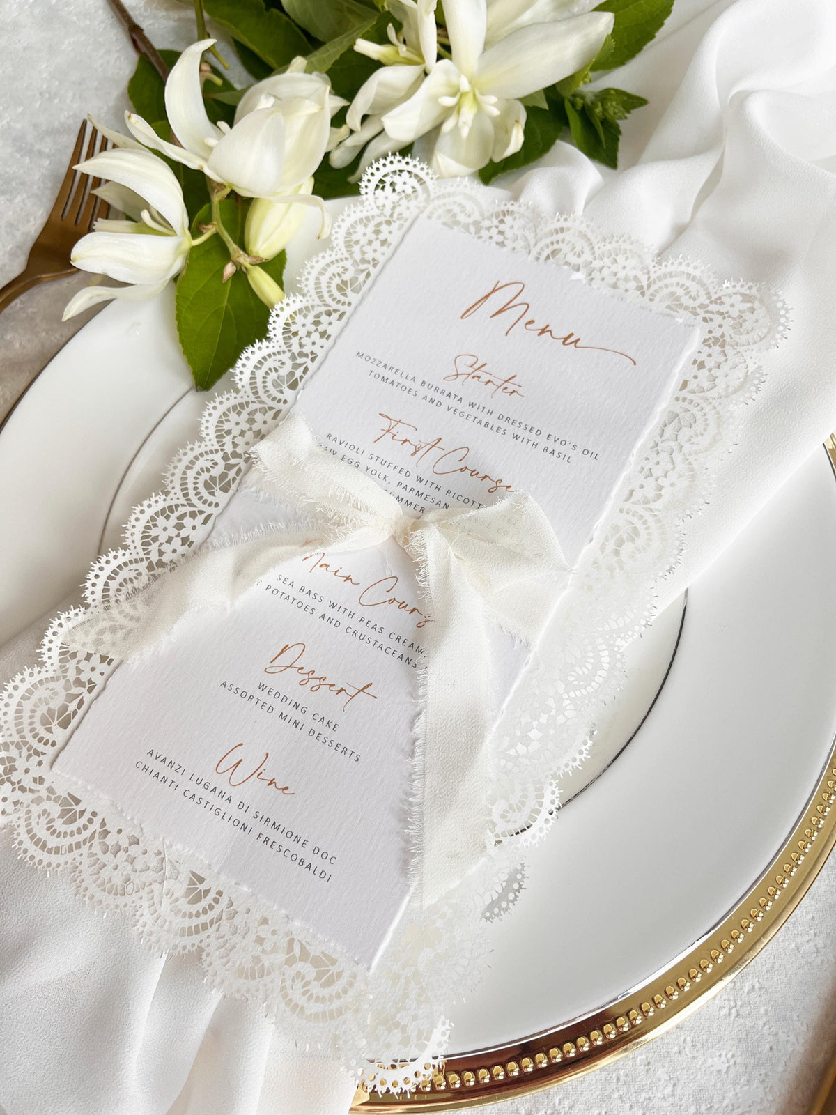 Lace Wedding Menu with Chiffon Ribbon | Laser Cut Wedding Menu | Personalised Reception Menu