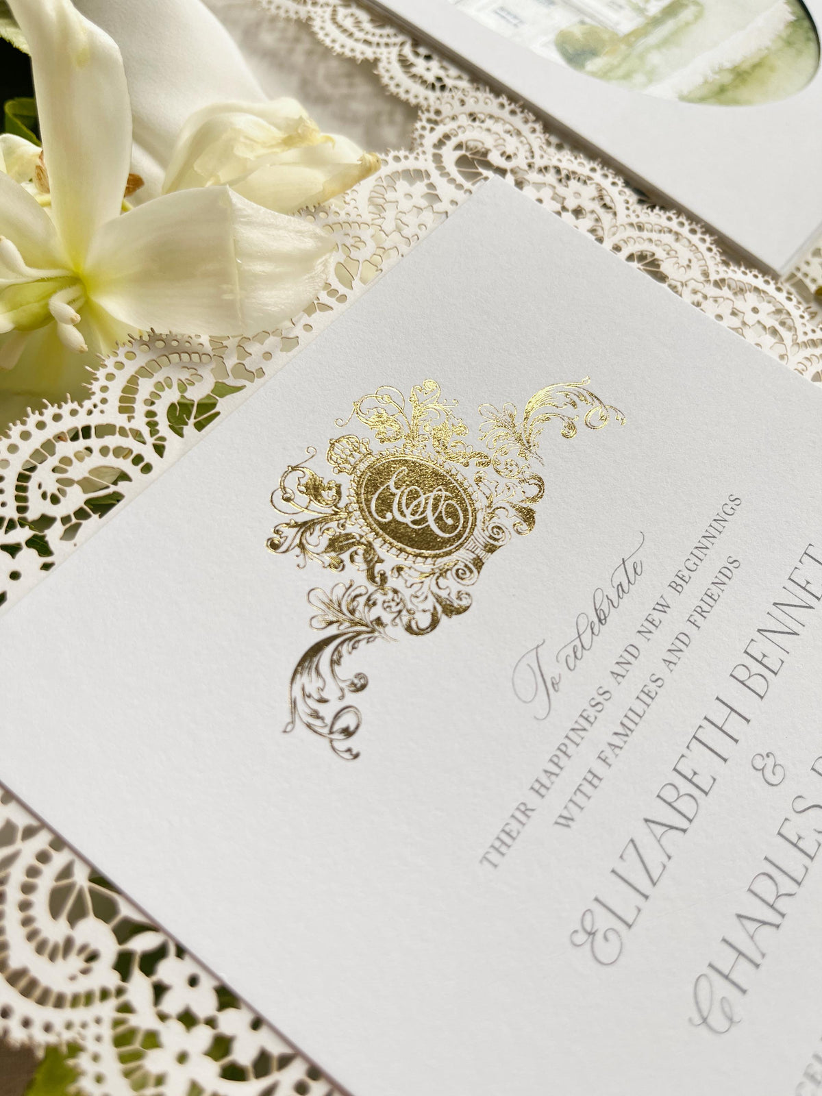 Personalised Lace Wedding Invitation with Gold Monogram & Venue Watercolour - Elegant Wedding Invitation Suite
