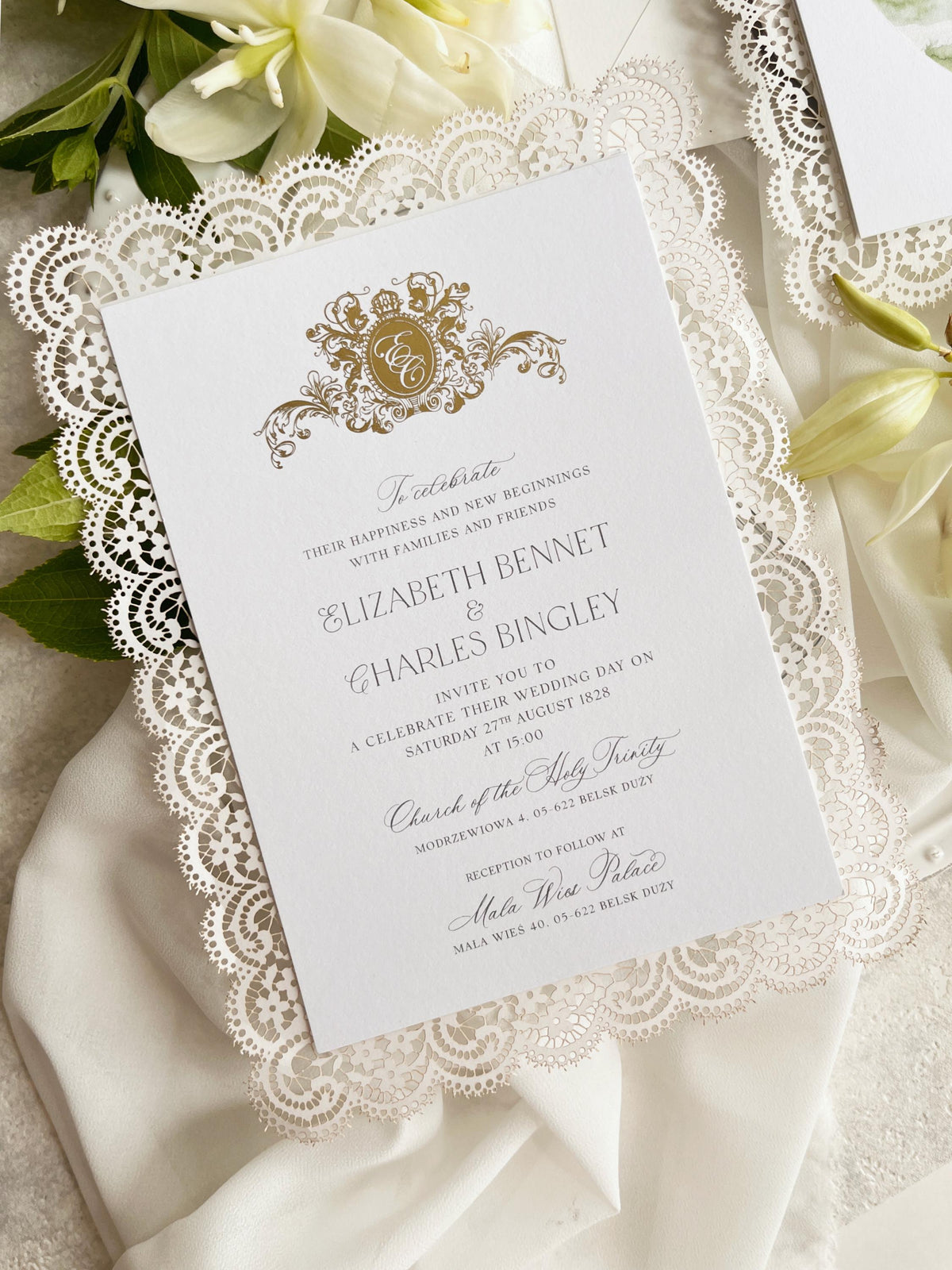 Personalised Lace Wedding Invitation with Gold Monogram & Venue Watercolour - Elegant Wedding Invitation Suite