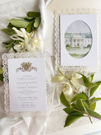 Personalised Lace Wedding Invitation with Gold Monogram & Venue Watercolour - Elegant Wedding Invitation Suite