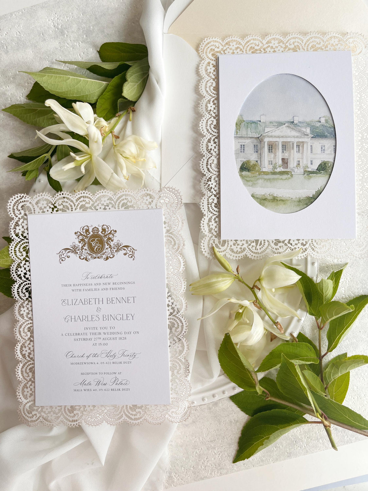 Personalised Lace Wedding Invitation with Gold Monogram & Venue Watercolour - Elegant Wedding Invitation Suite