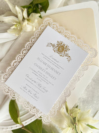 Personalised Lace Wedding Invitation with Gold Monogram & Venue Watercolour - Elegant Wedding Invitation Suite