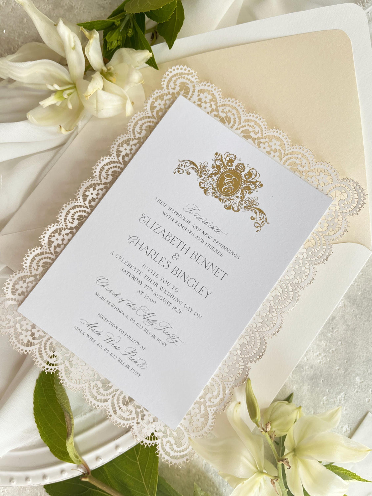 Personalised Lace Wedding Invitation with Gold Monogram & Venue Watercolour - Elegant Wedding Invitation Suite