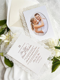 Lace Wedding Invitation with Gold Foil and Couple Photo, Personalised Laser Cut Wedding Invite