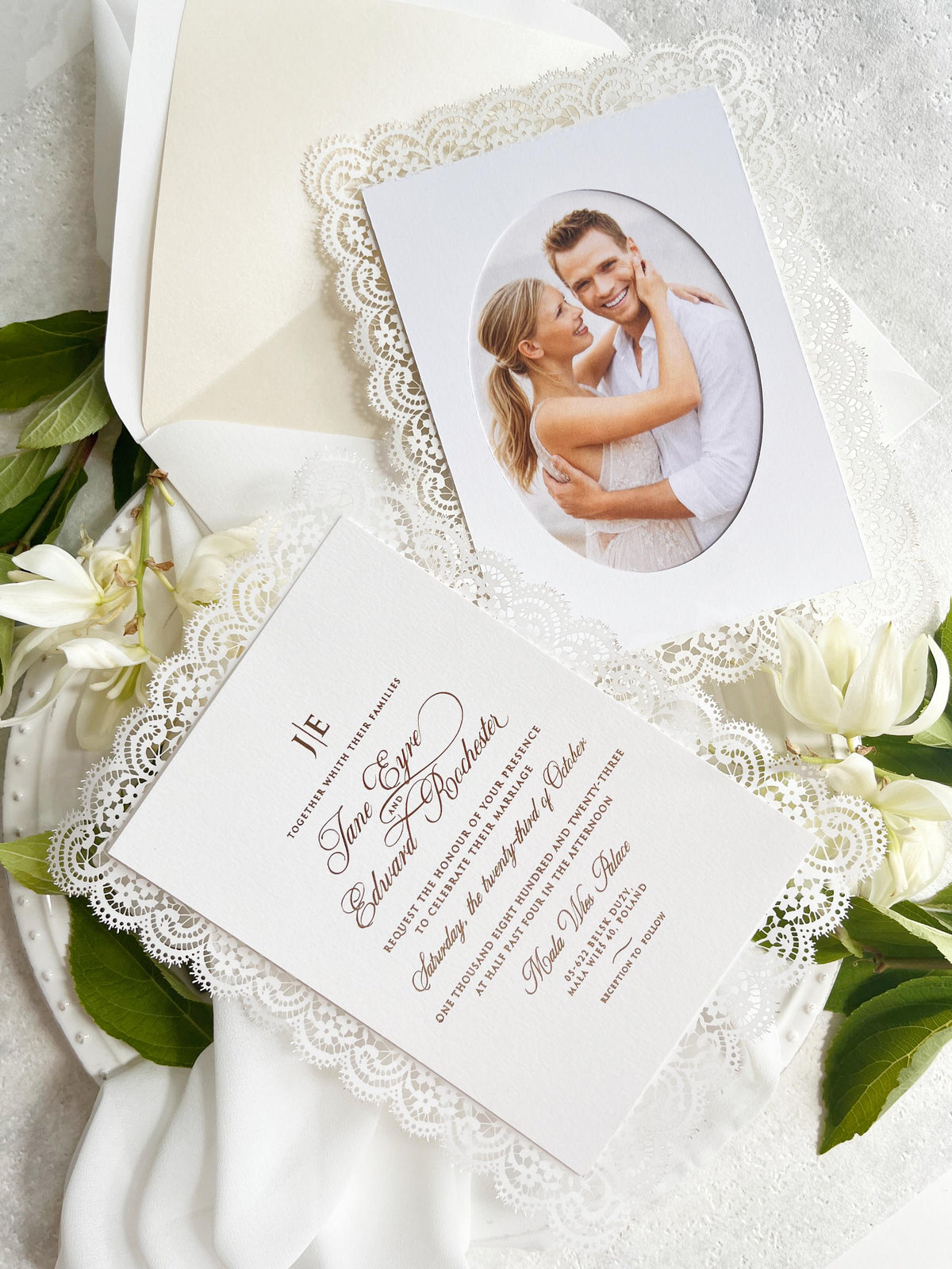 Lace Wedding Invitation with Gold Foil and Couple Photo, Personalised Laser Cut Wedding Invite