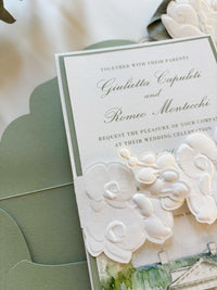 Custom Watercolour Venue Wedding Invitation, 3D Embossed Orchid Gatefold, Sage Green Floral Wedding Invite
